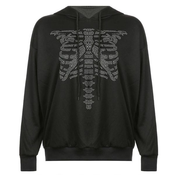

women's hoodies & sweatshirts t8nb women gothic black long sleeve rhinestone skeleton breastbone pattern drawstring sweatshirt harajuku