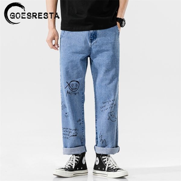 

goesresta korean fashoins jeans pants men vintage straight trousers hip hop streetwear harem pants harajuku baggy men jeans 210317, Blue