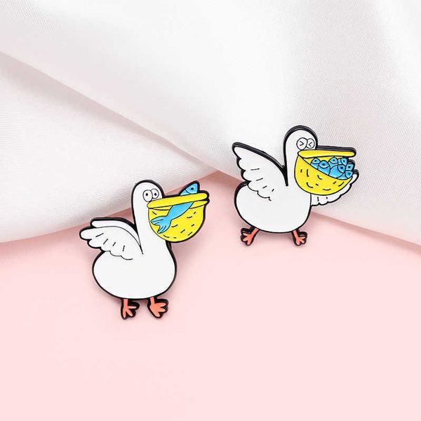 

cute fat beaked bird fishing cartoon animal badge who catches more fish fashion good friend brooch, Gray