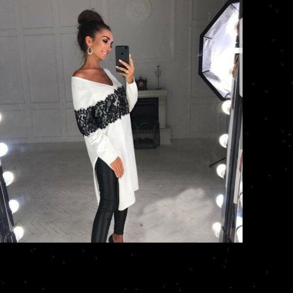 

womens clothing womens v neck loose long sleeve oversize sweater jumper knitted lace blouse shirt dress, White
