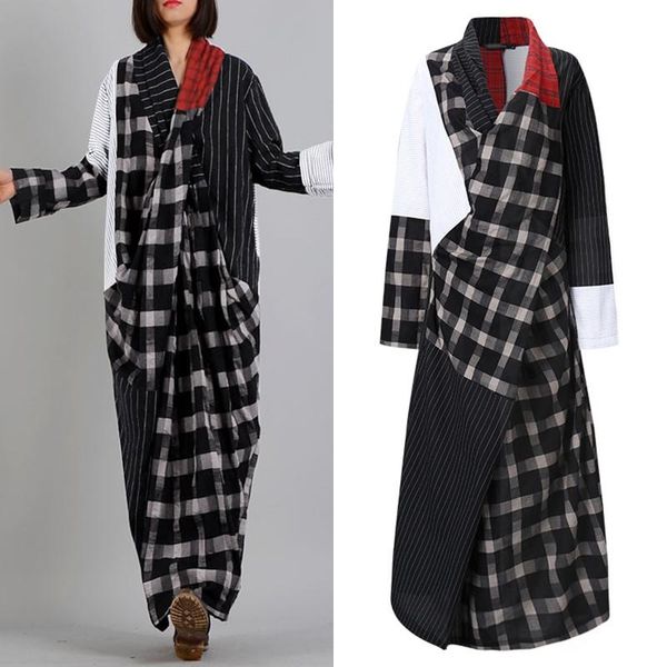 

vintage patchwork maxi dress women's check sundress zanzea 2021 casual long sleeve vestidos female v-neck stripe robe plus size, Black;gray