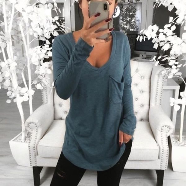

women's t-shirt women solid color v neck long sleeves loose t-shirts for spring nov99, White
