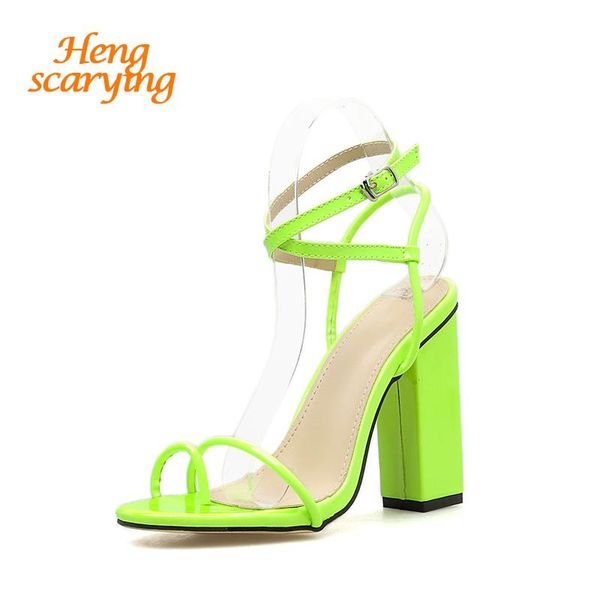 

sandals 2021 summer women neon fashion candy color orange yellow block high heels open toe cross tie rome shoes, Black