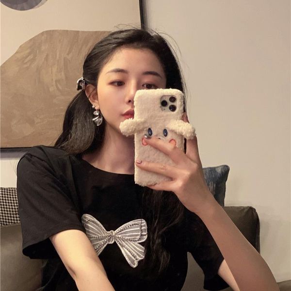 

women's t-shirt summer women casual short sleeve tshirt o-neck tee ropa cute bow decorate t shirt ladies streetwear, White