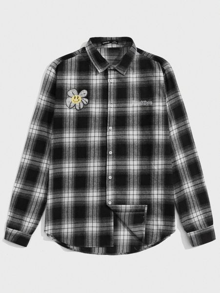 

men cartoon and letter graphic plaid shirt a17r#, White;black