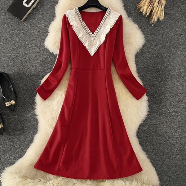 

casual dresses women's party dress spring autumn vintage red black ruffle lace long sleeve slim a-line midi 2021, Black;gray