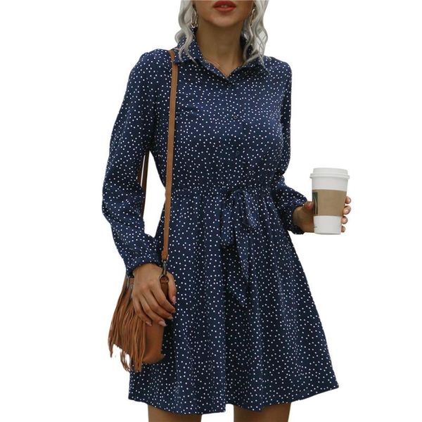 

casual dresses xingqing women long sleeve dress wave points lapel open front button one-piece clothes ladies a line clothing, Black;gray