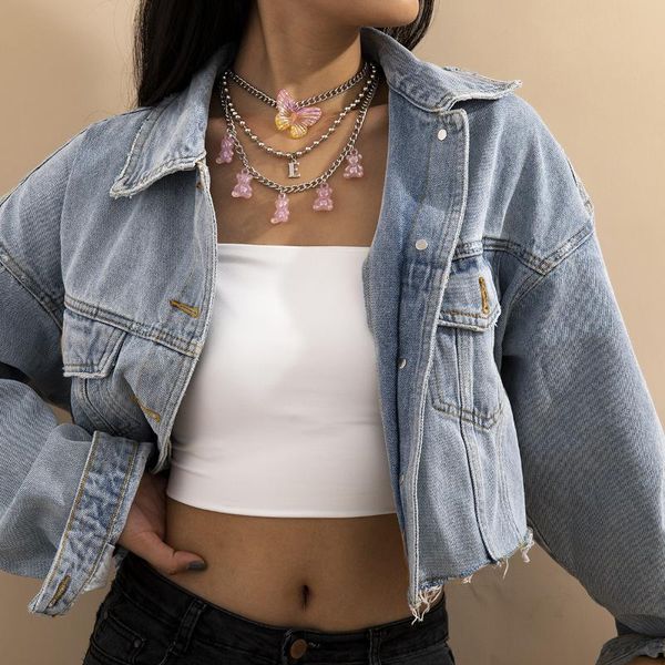 

pendant necklaces european and american simple retro jewelry with multilayer round bead chain bear butterfly necklace set for female, Silver