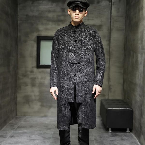 

men's trench coats autumn and winter men's chinese style brocade polyester embossed tang coat long shirt loose large windbreaker, Tan;black