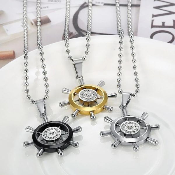 

chokers trendy accessories hip hop punk boat rudder steering wheel pendant stainless steel men's necklace jewelry, Golden;silver