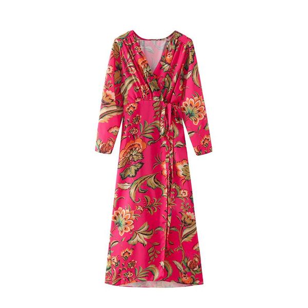 

casual dresses 2021 women's fashion rose red v-neck printing long sleeve dress shirring vintage female lacing skirt, Black;gray