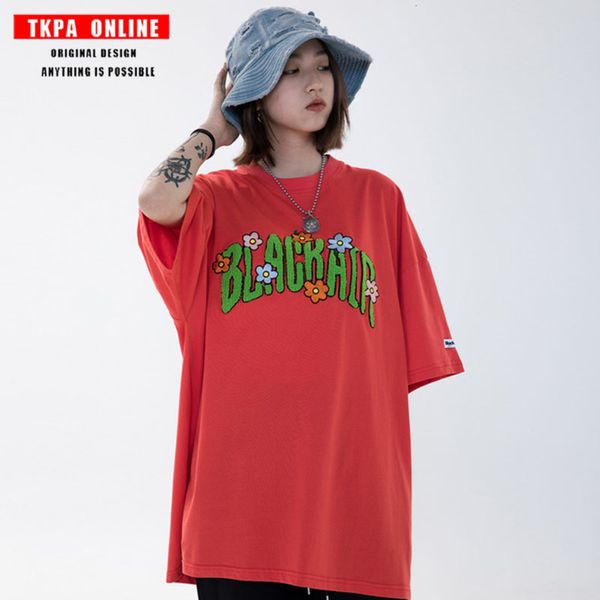 

tkpa2021 summer letter flocking printing short sleeve t-shirt men's and women's trendy street bf loose casual short tee shirt, White;black