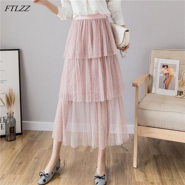 

skirts ftlzz 2021 spring women dot medium sweet ruffles mesh skirt casual female high waist tulles ins cake pleated, Black