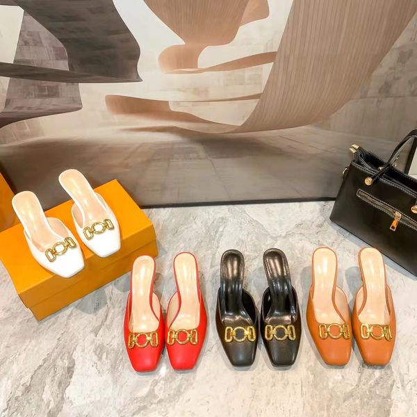 

2021 luxury designer women sandals pure color exquisite print with metal buckle ladies slides slippers fashion wedding party business high h, Black