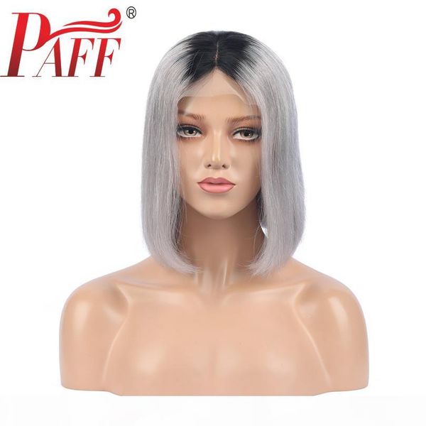 

paff short 1b gray lace wig ombre lace front wig 13*3.5 pre plucked bob cut straight human hair brazilian lace frontal remy, Black;brown