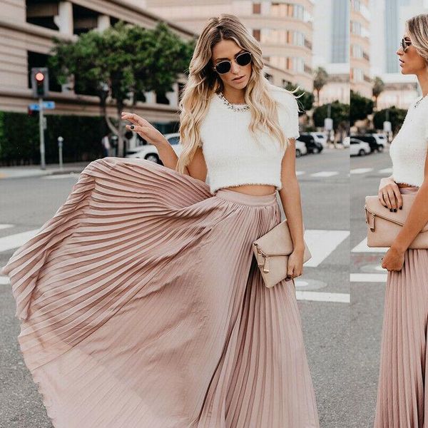 

women boho chiffon long maxi dress lady beach skater pleated long skirt pleated sundress skirt solid comfort pleated skirts, Black