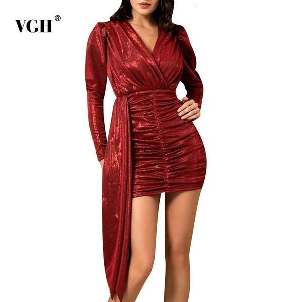 

vgh dress for women v neck puff long sleeve high waist ruched asymmetrical hem bodycon mini dresses female 2021 new clothes, Black;gray