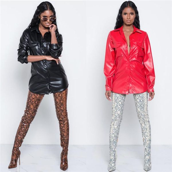 

women's blouses & shirts women fashion pu leather tee shirt dress turn down collar long sleeve button up club wear party dresses, White