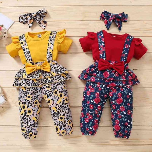 

newborn toddler baby girls clothes set short sleeve pullover bow ruffle romper floral overalls pants headband outfit, White