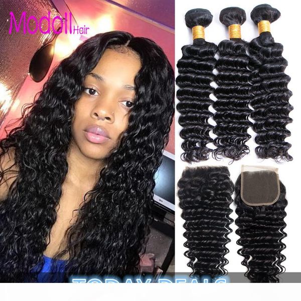 

indian deep wave hair 4 bundles with 4x4 lace closure raw indian remy human hair bundles with closure middle three part closures, Black;brown