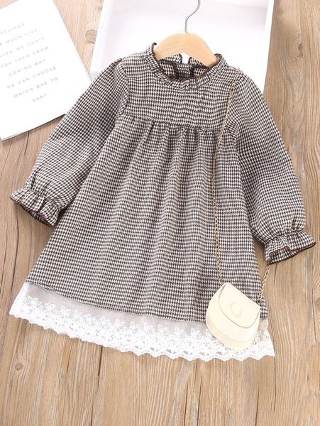 

toddler girls houndstooth flower embroidered mesh hem flounce sleeve dress she, Red;yellow
