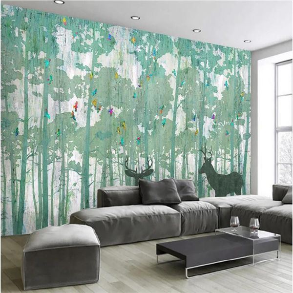 

nordic hand painted green elks woods landscape oil painting mural wallpaper for living room walls home improvement wall paper 3d