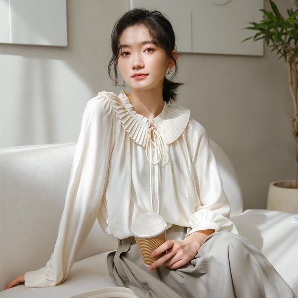

women's t-shirt design sense shirt for women 2021 spring autumn outerwear doll collar bow long sleeve, White