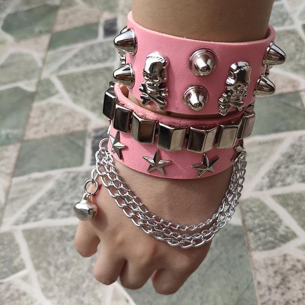 

charm bracelets 2pcs/set pu leather bracelet for women and men skeleton star chain pendant bangle punk rock hiphop nightclub metal wristband, Golden;silver