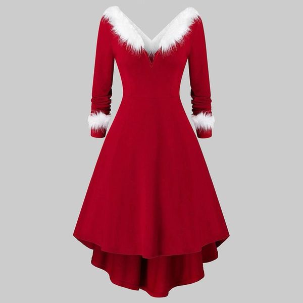 

casual dresses dress women christmas faux-plush panel long sleeve v collar asymmetrical party midi plus size 2021 clothing, Black;gray
