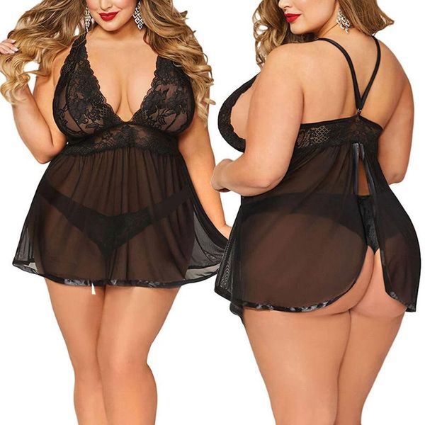 

women's g-strings underwear women set lingerie plus size open back lace babydoll sleepwear female erotic, Black;white