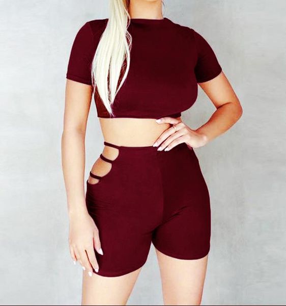 

women's tracksuits women close-fitting two-piece clothes set, solid color turtleneck short sleeve crop and hollow out shorts, Gray