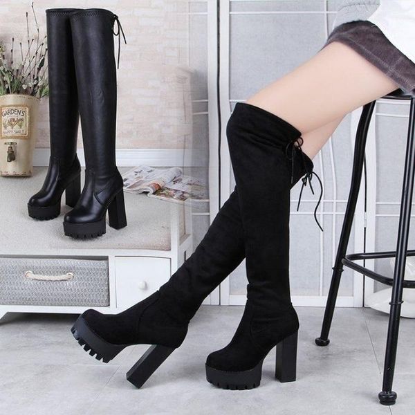 

boots 2021 autumn and winter dance show thick heel sky high 12cm super heels suede knee women's shoes, Black
