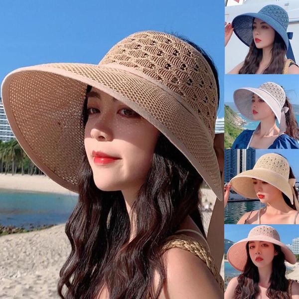 

wide brim hats summer women straw folding sun protction bucket hat empty peaked beach visor chapeau femme, Blue;gray
