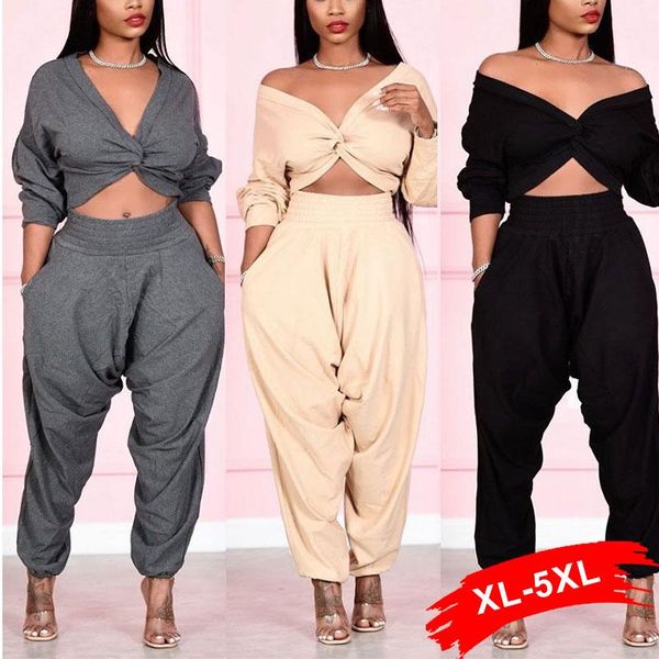

plus size tracksuits cross twist drape v-neck cropped +high waist stacked loose pants 2 piece set women streetwear lounge wear suits, Black