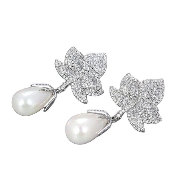 

jk white teardrop sea shell pearl cz pave leave earrings, Golden