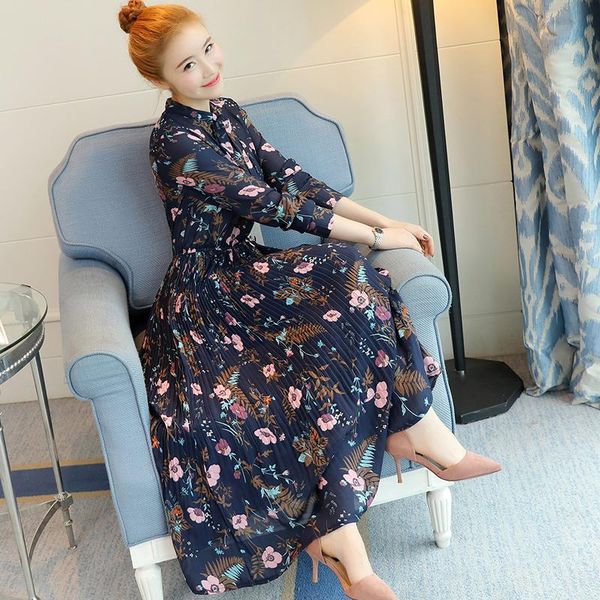 

2021 spring women dress bow print with pleated long dresses rh808, Black;gray