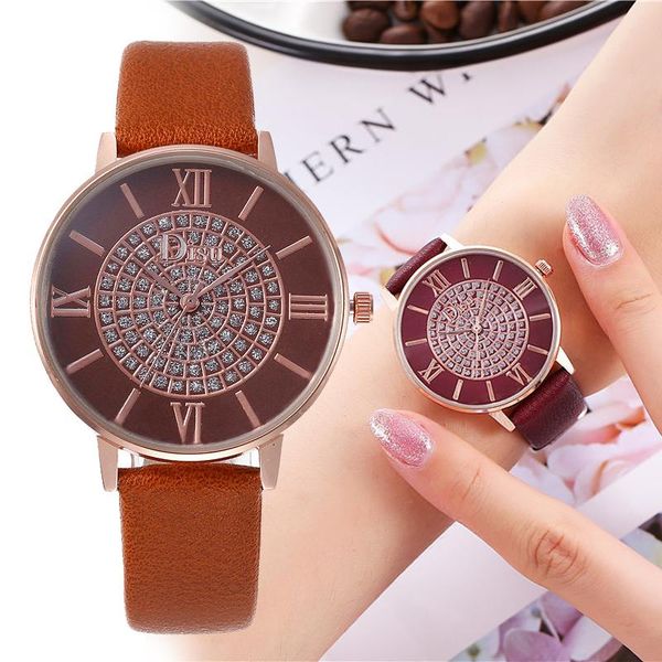 

wristwatches luxury pu leather strap rhinestone dial ladies watch fashion quartz women's watches female clock relogio feminino, Slivery;brown