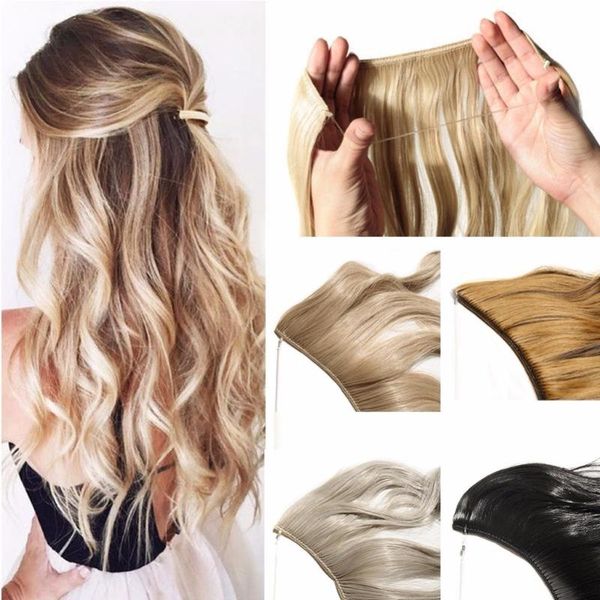 

synthetic wigs buqi 24'' invisible wire no clips in hair secret fish line hairpieces silky straight real natural, Black