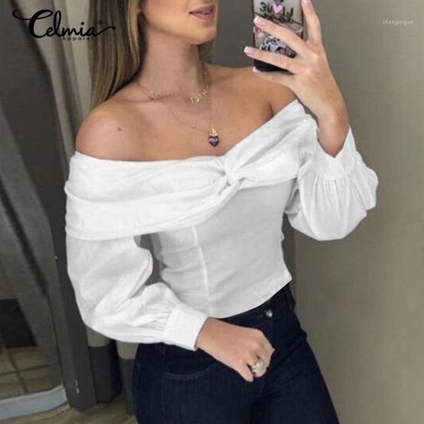 

celmia women off shoulder knotted blouses casual long sleeve tunic 2021 spring solid blusas fashion holiday party 5xl women's & sh, White