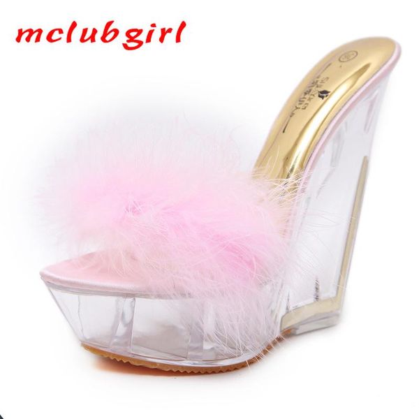 

dress shoes mclubgirl glass with furry crystal wedge slippers female summer platform non-slip platform--style ultra-high-heel sandals lfd, Black