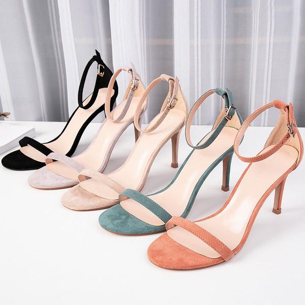 

dress shoes 2021 summer women's sandals woman 8.5cm thin high heels flock solid ankle straps narrow elegant classic office lady pumps, Black