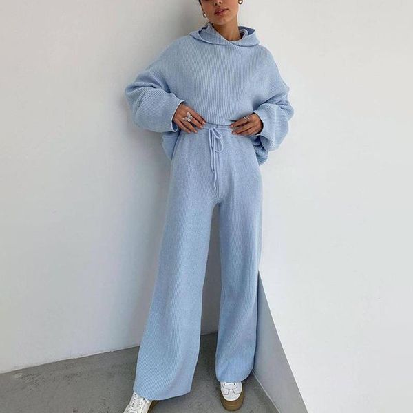 

women's two piece pants novalya simple loose knitted suits women fashion solid hooded suit elegant drawstring wide leg female ladies, White