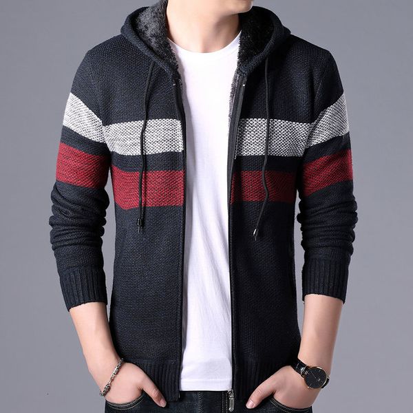 

2021 new winter fleece cardigan mens fashioutn striped knit owear coat sweater man hooded warm sweatercoat men 3xl x1b7, Black