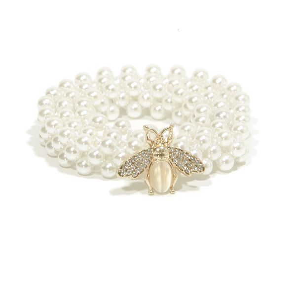 

taobao new style women's sweet luxury elastic pearl waist chain cicada buckle decorative elastic pearl belt, Black;brown