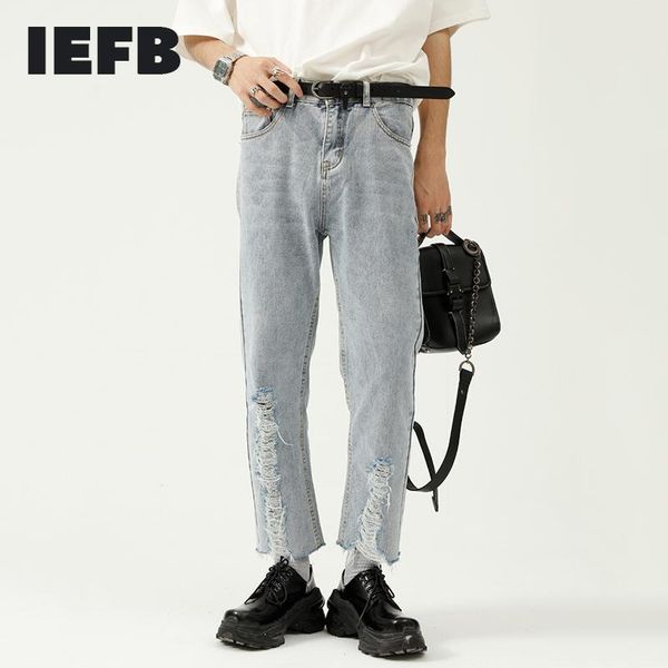 

men's jeans iefb straight tube hole casual ankle length korean trend ins design burrs bottoms denim trousers 2021 9y8044, Blue