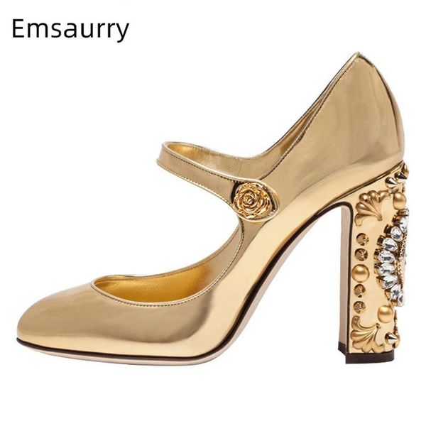 

dress shoes unique jeweled clock chunky heel women pumps round toe patent leather rose belt buckle rhinestone wedding woman, Black