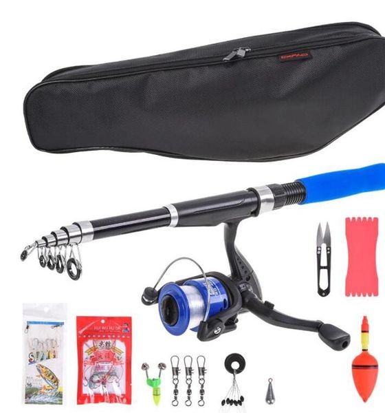 

spining fishing rod and reel combo kit set with line lures hooks reel and carry bag