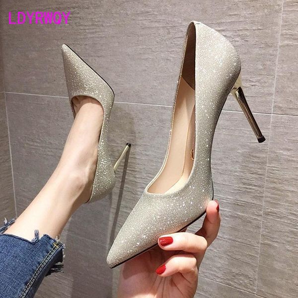 

dress shoes 9cm design sense niche high heels female stiletto heel 2021 spring and autumn sequined french girl pointed toe, Black