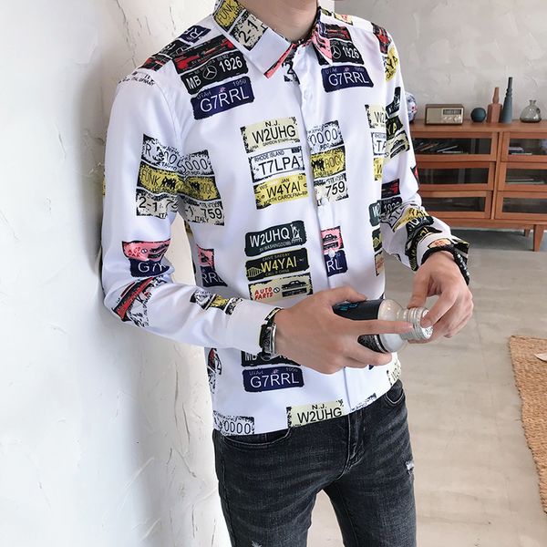 

korean spring new long men's clothing shirts 2021 simple fine fashion adjustment print casual club black/white homme blouse y22y, White;black