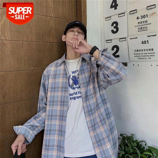 

2020 New Shirt Male Ins Plaid Shirt Korean Style Of Trend Summer Thin Jacket Handsome All Matching Growth Sleeves #bR24, White;black